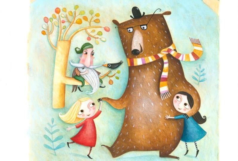 Girls and a bear illustrated